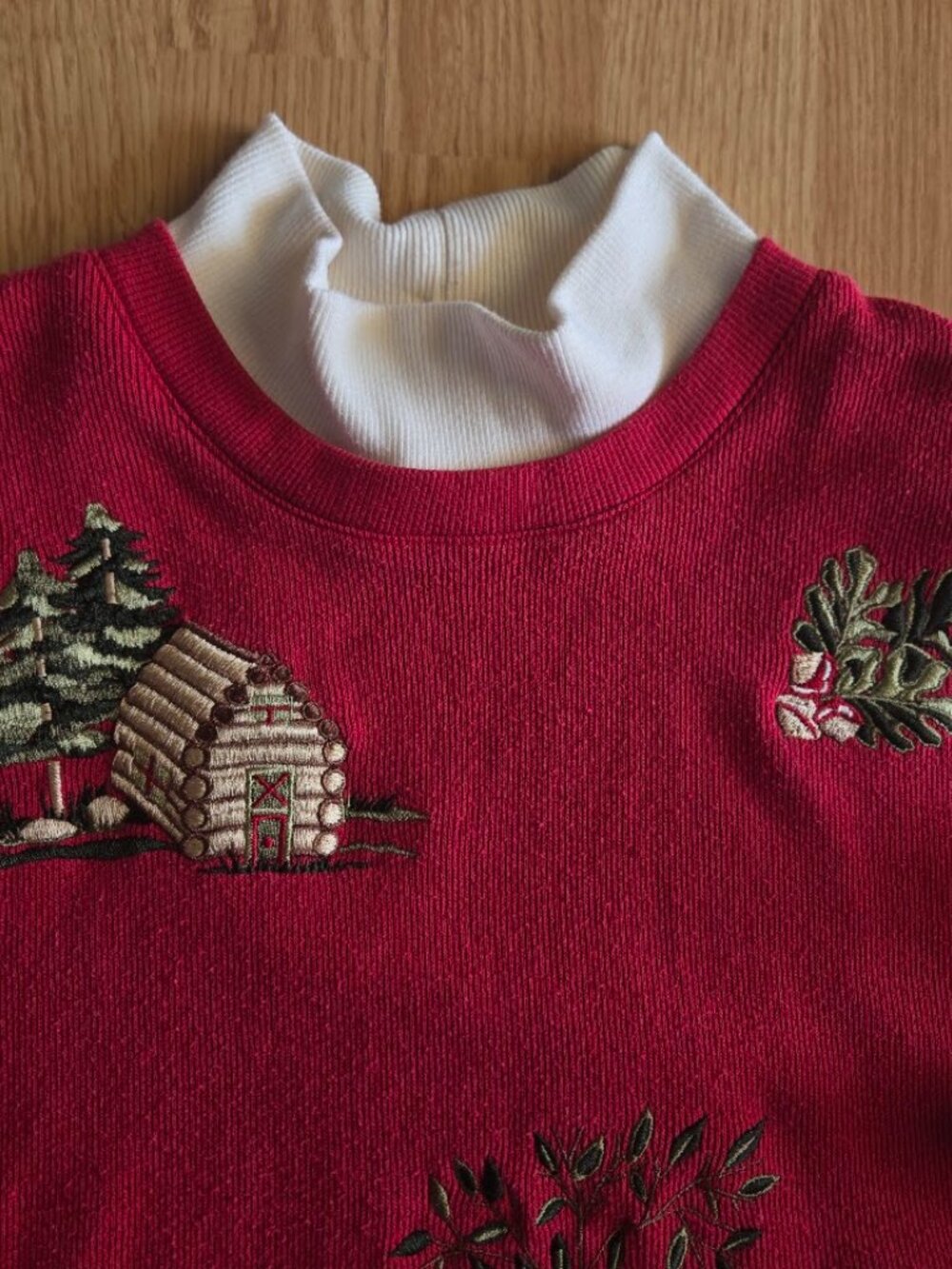 Vintage Alfred Dunner Red Woodland Rabbit Cabin Embroidered Sweater S - Picture 3 of 7